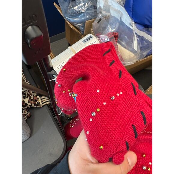 VTG Studio Joy Christmas Cardigan Women M Red Knit Beaded Patchworks Grandma 90s - Picture 10 of 10